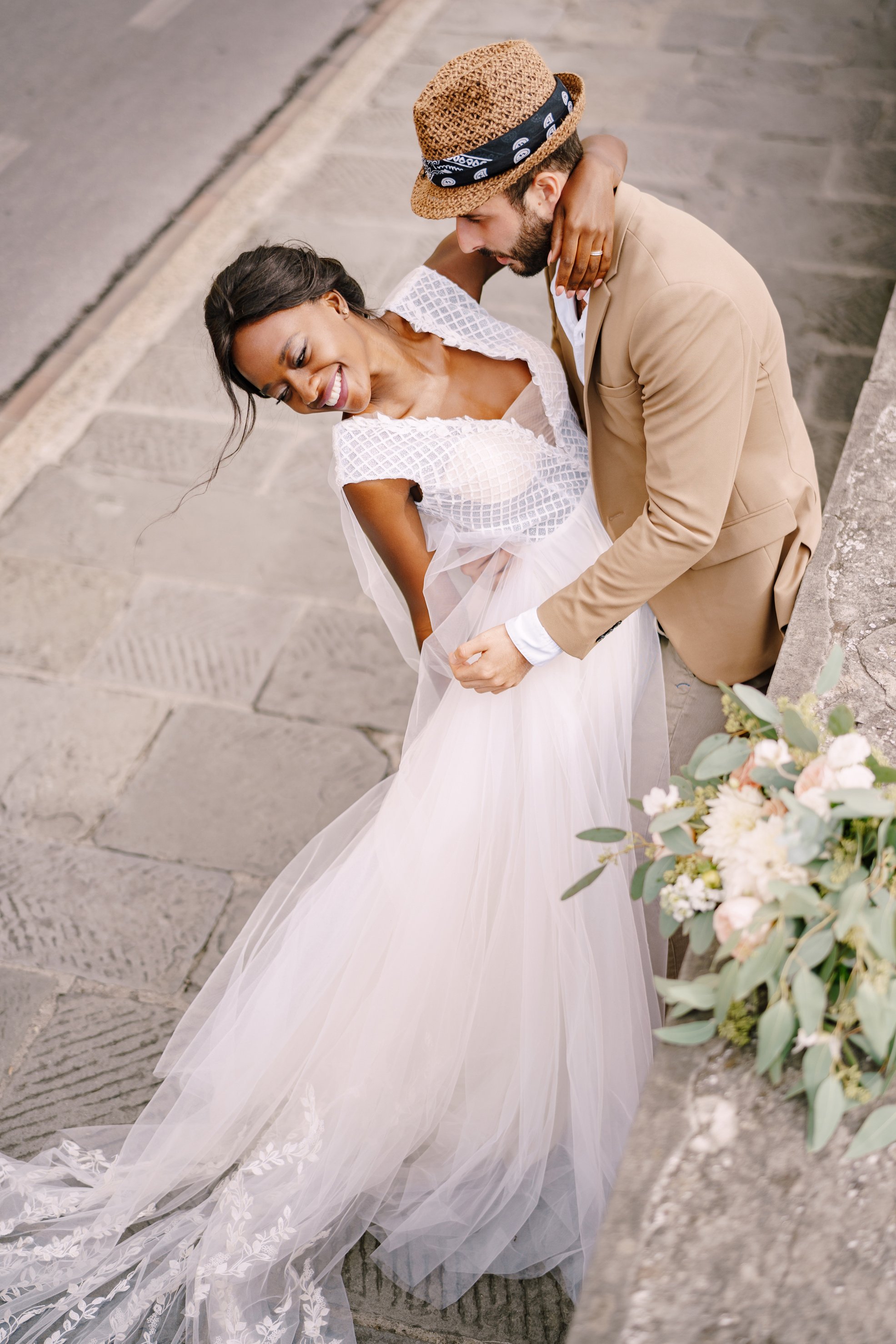 Interracial wedding couple. Wedding in Florence, Italy. African-American bride and Caucasian groom